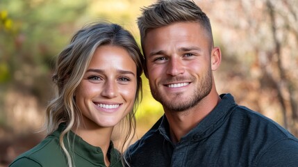 Obraz premium Smiling couple in a natural setting during golden hour