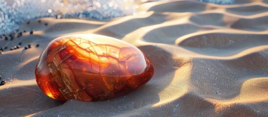 Obraz premium Amber Stone Glowing on Sunlit Sand Beach at Sunset Coastal Landscape Tranquil and serene natural scene with the mesmerizing reflection of the amber rock on the wet sand