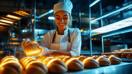 Smiling baker showcasing freshly baked bread in bakery