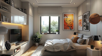 Fototapeta premium A minimalist teenage bedroom for a boy who loves basketball.