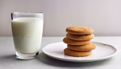 Glass of milk paired with stacked cookies on a white plate, set on a clean table with copy space, perfect for healthy snack visuals