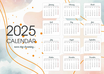 2025 calendar template in watercolor style. Soft pastel colors. Abstract texture. Landscape orientation. Vector illustration.