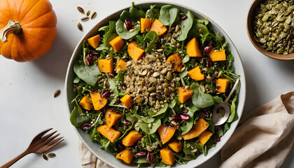 Colorful overhead shot of a nutritious vegetarian salad with quinoa, mixed greens, roasted butternut squash, and pumpkin seeds