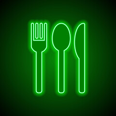 Fork spoon knife simple icon. Flat design. Green neon on black background with green light