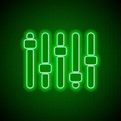 Equalizer slider simple icon. Flat design. Green neon on black background with green light