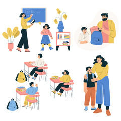 Boy and Girl Schoolkids Character Prepare for School Vector Set