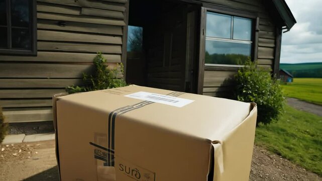 A parcel in a cardboard box on the doorstep of a simple village house. The parcel on the doorstep symbolizes hope and connection in the village life.