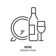 Wine line icon. Wine bottle, glass, barrel symbol. Editable stroke. Vector illustration.