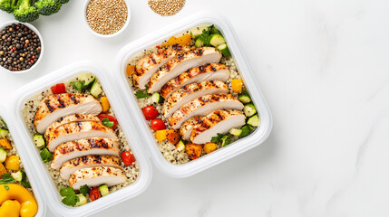A close-up of neatly arranged meal prep containers filled with a balance of grilled chicken, roasted vegetables, and quinoa. The containers are placed on a white marble countertop, surrounded by