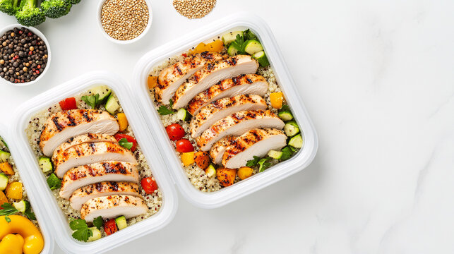 A close-up of neatly arranged meal prep containers filled with a balance of grilled chicken, roasted vegetables, and quinoa. The containers are placed on a white marble countertop, surrounded by