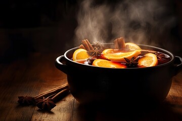 A black pot filled with steaming hot mulled wine topped with slices of orange, star anise and cinnamon sticks