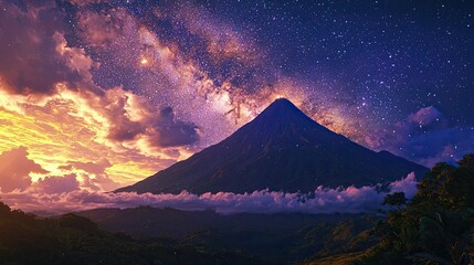 Majestic volcano under a vibrant Milky Way galaxy at sunset.