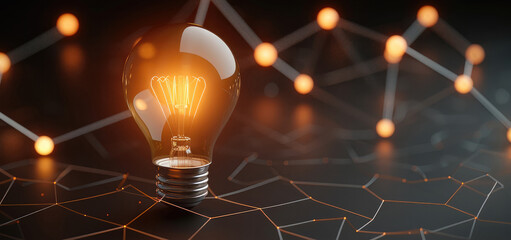 Dynamic glowing lightbulb surrounded by interconnected problem-solving nodes, symbolizing strategic thinking, 3D illustration.