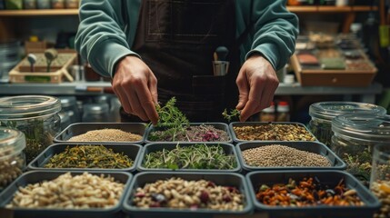 Person preparing herbs and spices in a store.