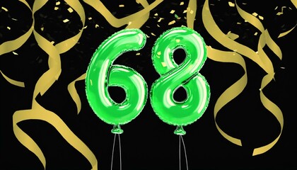 Green birthday / anniversary balloon, number 68, black background with confetti