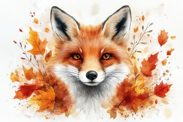 Fototapeta premium A detailed illustration of a fox surrounded by autumn leaves and branches.