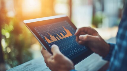 An Individual Analyzing Financial Data on a Tablet Device with a City Skyline Graph at Sunset, Symbolizing Technology and Modern Business Trends