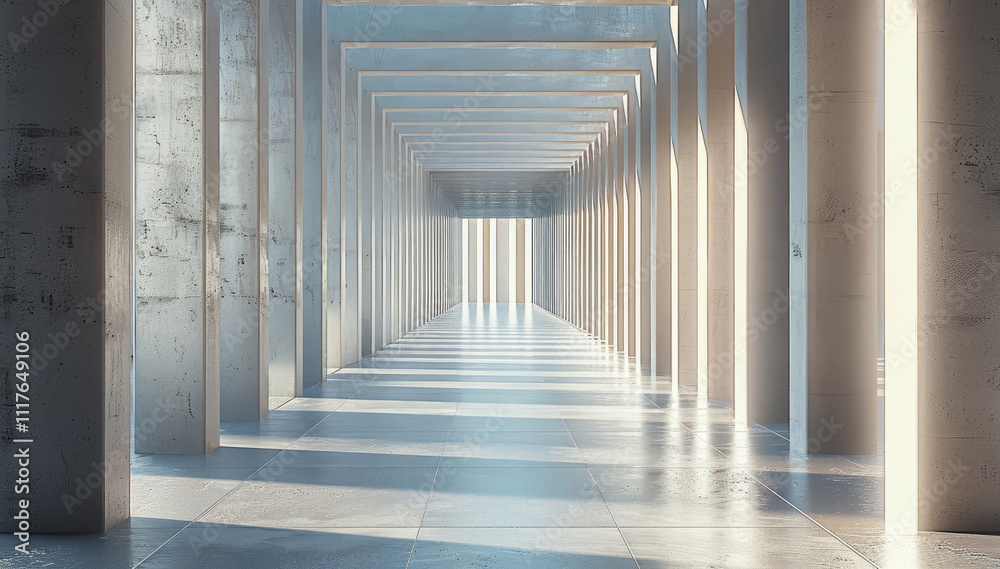 Poster An open architectural structure showcasing sleek and minimalistic design. The columns and beams are crafted from reflective silver tubes.