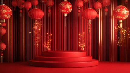 Vibrant Red Podium Adorned with Lanterns and Gold Accents