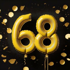 Yellow birthday / anniversary balloon, number 68, black background with confetti