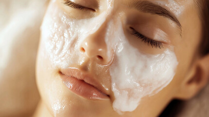 Frau mit cremig-weißer Gesichtsmaske bei der Hautpflegeroutine. Frische, natürliche Beauty-Aufnahme mit pflegender Reinigungsschaum