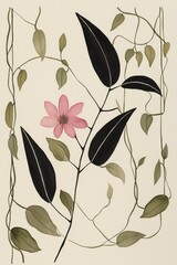 watercolor art, 2 black slender leaves and a pink flower, in the style of minimalist line drawings