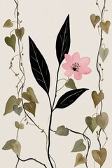 watercolor art, 2 black slender leaves and a pink flower, in the style of minimalist line drawings