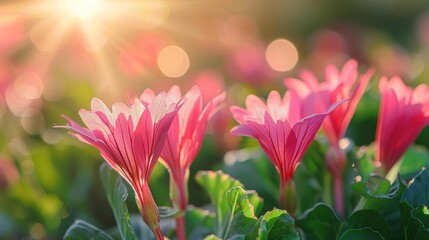 Fototapeta premium Pink flowers blooming in sunlight.