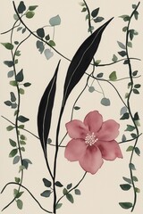 watercolor art, 2 black slender leaves and a pink flower, in the style of minimalist line drawings