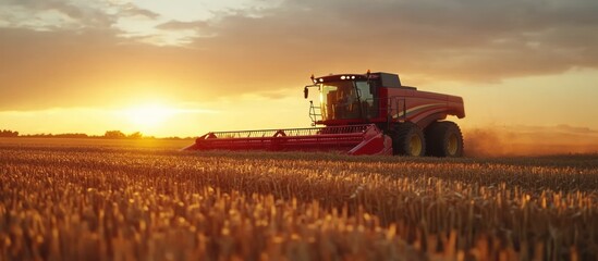 Fototapeta premium Red combine harvester working in a field at sunset, leaving a trail of dust in its wake.