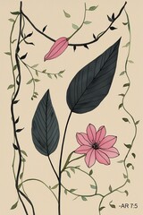 watercolor art, 2 black slender leaves and a pink flower, in the style of minimalist line drawings