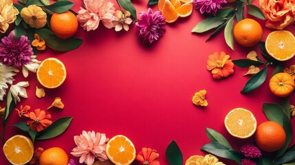 Bright Floral Composition with Assorted Flowers and Fruits on Red