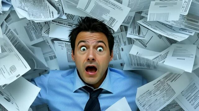 A man is covered in papers and is looking surprised