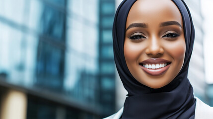 Ambitious Muslim woman wearing a hijab and corporate attire, confidently posed outside a modern office building, representing diversity, gender equality, and ethical leadership