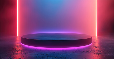 Black Pedestal of platform display with neon modern stand podium on white room background. Blank Exhibition stage backdrop or empty product shelf.