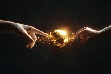 Surreal image of a human hand reaching toward a golden sphere in a dark environment conceptual art artistic viewpoint