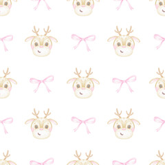 Fototapeta premium Deer, bow. Watercolor seamless pattern in pastel colors. Cute cartoon illustration for textile and paper for Christmas