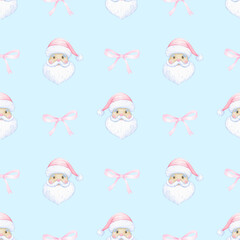 Santa Claus, bow. Watercolor seamless pattern in pastel colors. Cute cartoon illustration for textile and paper for Christmas