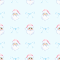 Santa Claus, bow. Watercolor seamless pattern in pastel colors. Cute cartoon illustration for textile and paper for Christmas
