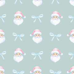 Santa Claus, bow. Watercolor seamless pattern in pastel colors. Cute cartoon illustration for textile and paper for Christmas