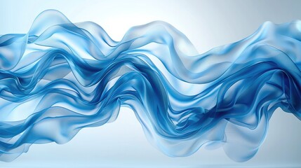 Translucent fabric in a light blue color flying all over the scene, creating a dynamic and ethereal effect. The background is minimalistic.