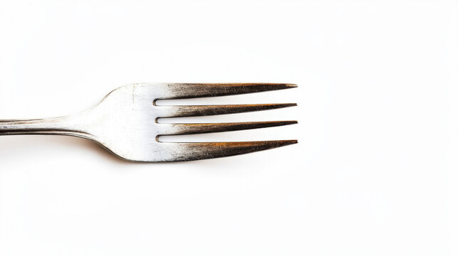 Close-up of a vintage metal fork with a weathered finish on a clean white background, showcasing its rustic charm and detailed craftsmanship.