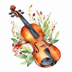 watercolor violin with flower decoration with white background