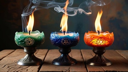 Fototapeta premium Three intricately designed candles, each with a unique, ornate holder, sit atop a rustic wooden table, their wicks aflame with vibrant, swirling magical fires that dance in shades of emerald green, sa