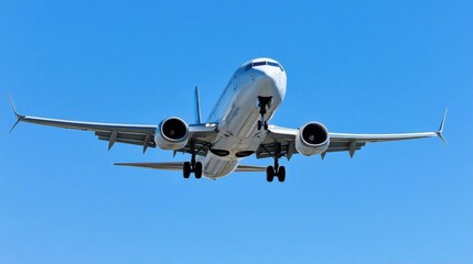 An airplane approaching for landing against a clear blue sky.