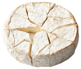 Round wheel of camembert cheese with a piece missing