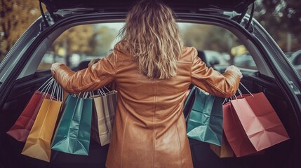 Woman Placing Bags into Car Trunk After Shopping