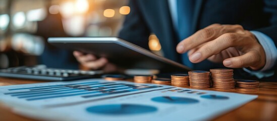 Businessman working with a tablet, financial charts, and stacks of coins.