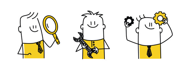 Businessman with magnifying glass, wrench, gears. Hand drawn vector illustration. Black and white.