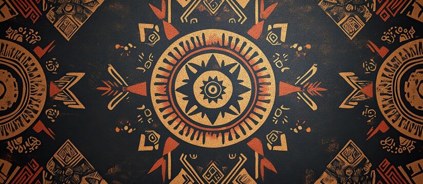 Intricate tribal patterns featuring sun motifs and arrows in earthy colors.